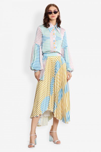 Pleated asymmetric skirt with mix prints