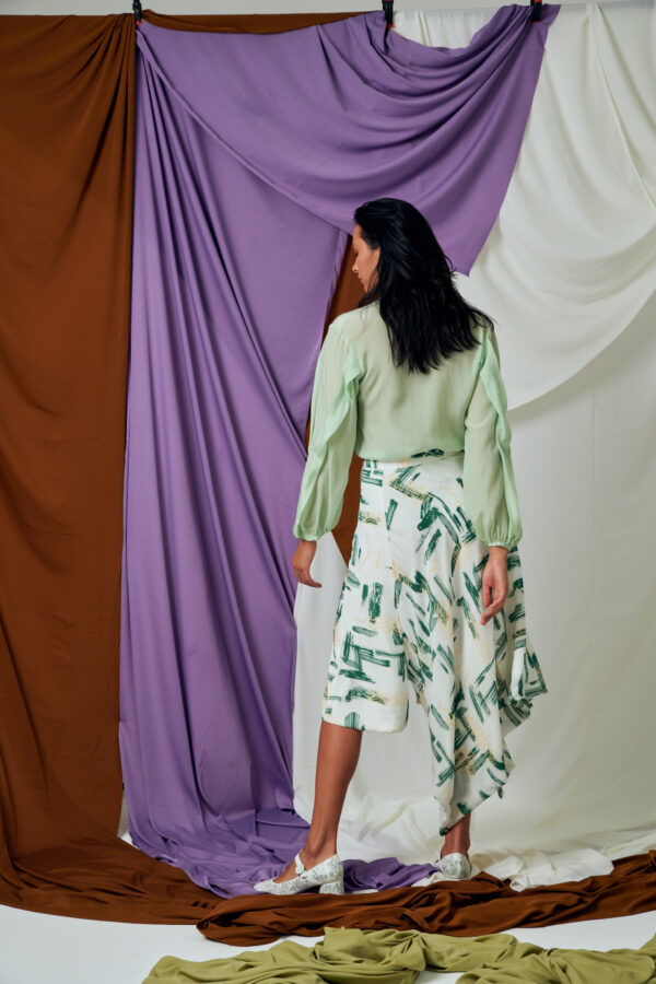 Asymmetric panelled printed skirt
