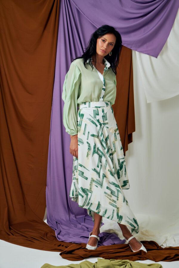 Asymmetric panelled printed skirt