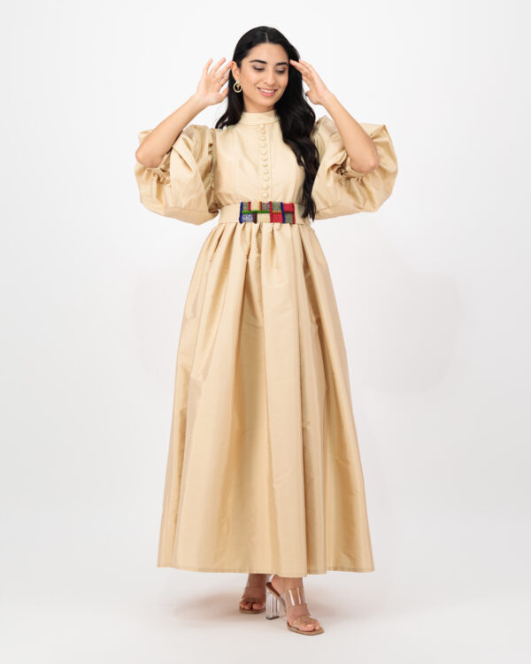 Puffy sleeves embroidered belt dress