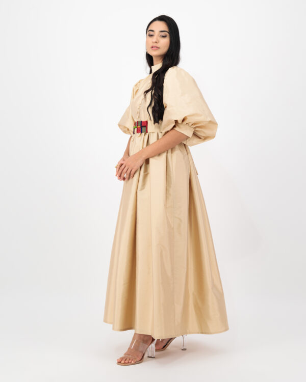Puffy sleeves embroidered belt dress