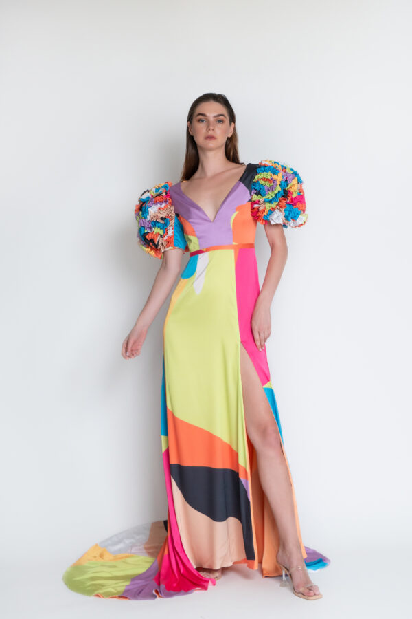 Printed gown with manipulated puffy sleeves