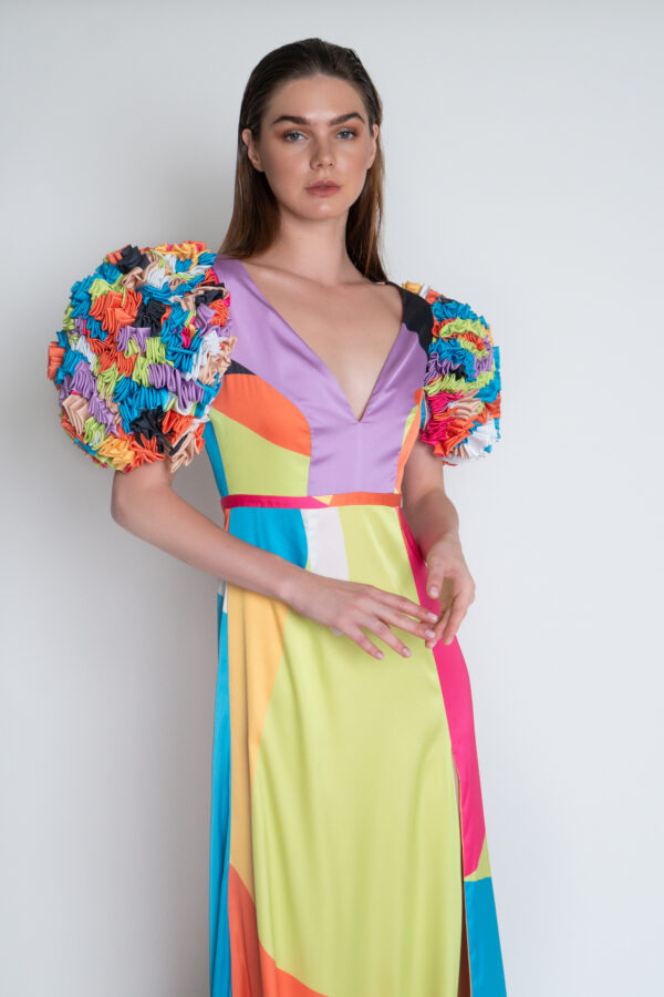 Printed gown with manipulated puffy sleeves